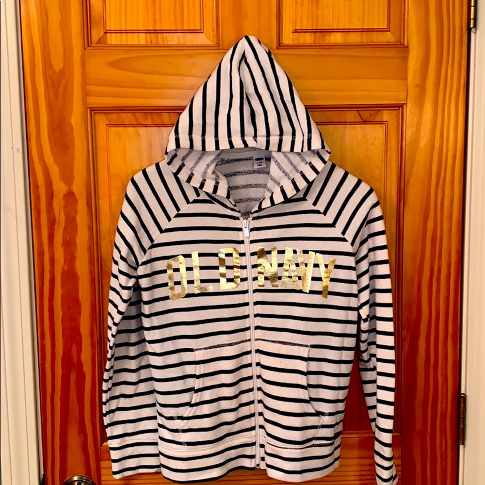 navel and white stripped zip-up sweatshirt